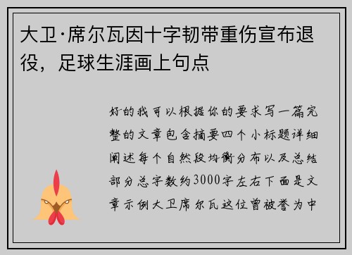 大卫·席尔瓦因十字韧带重伤宣布退役，足球生涯画上句点