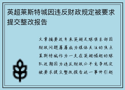 英超莱斯特城因违反财政规定被要求提交整改报告