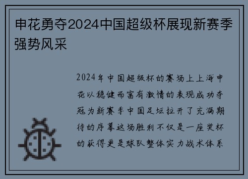 申花勇夺2024中国超级杯展现新赛季强势风采 申花勇夺2024中国超级杯展现新赛季强势风采